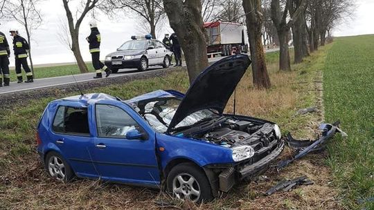 Auto dachowało i uderzyło w drzewo. Kierowca został zakleszczony w pojeździe