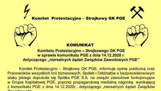 Komitet Protestacyjno – Strajkowy GK PGE. Pod symbolami młotków górniczych i błyskawicy