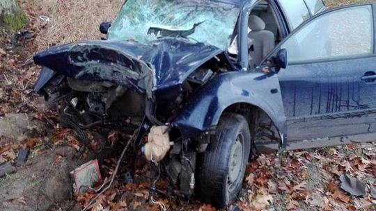 Na śliskiej nawierzchni wypadł z drogi i uderzył w drzewo