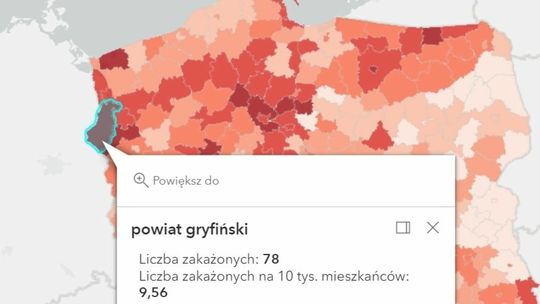 Najwyższy w Polsce dzienny współczynnik zakażeń jest... w powiecie gryfińskim! Najciemniejszy kolor na mapie kraju