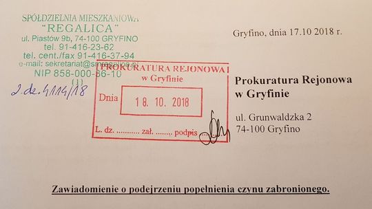 Władze Spółdzielni Regalica zawiadamiają prokuraturę