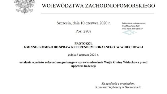 Wynik referendum w Widuchowej opublikowany w Dzienniku Urzędowym. Anna Kusy-Kłos nie jest już wójtem