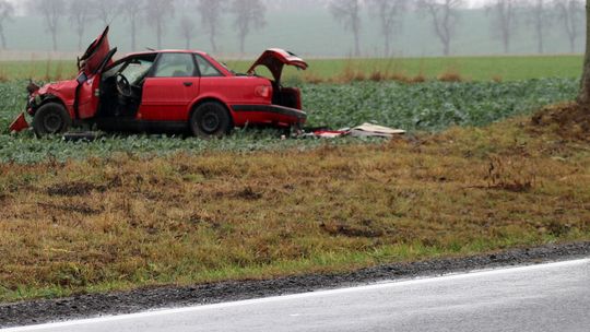 Wypadła z drogi, zahaczyła o drzewo i zatrzymała się w polu