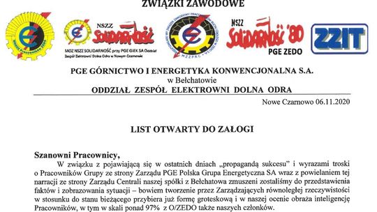 Zarząd uprawia propagandę i wprowadza cenzurę – piszą związkowcy elektrowni do załogi 
