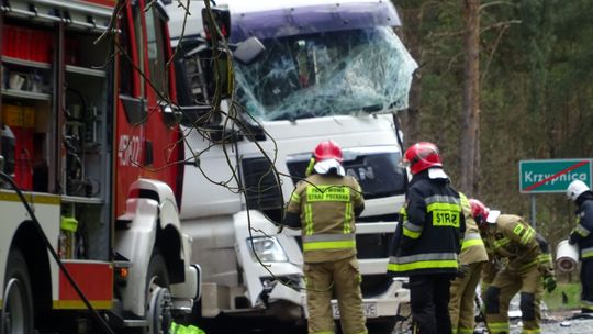  Zginął kierowca busa. Kierujący ciężarówką śmigłowcem przetransportowany do szpitala. Droga zablokowana, wyznaczono objazdy