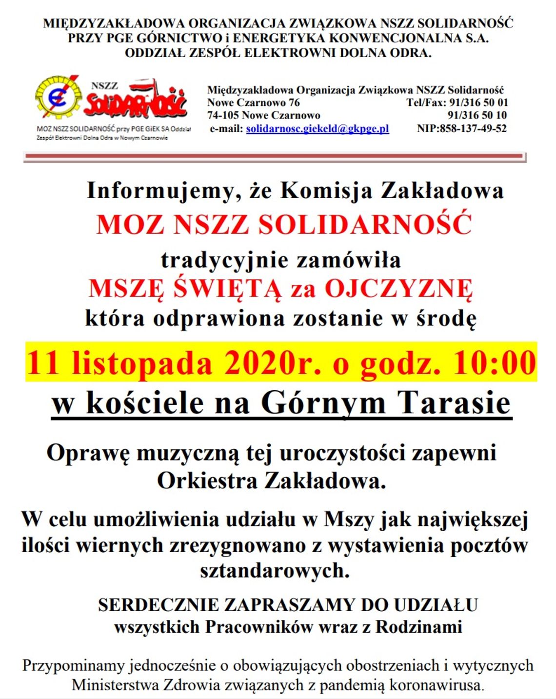 Centrala Spółki PGE GiEK SA blokuje nam dostęp do rozgłośni. Informujemy o mszy za Ojczyznę - list przewodniczącej MOZ NSZZ Solidarność