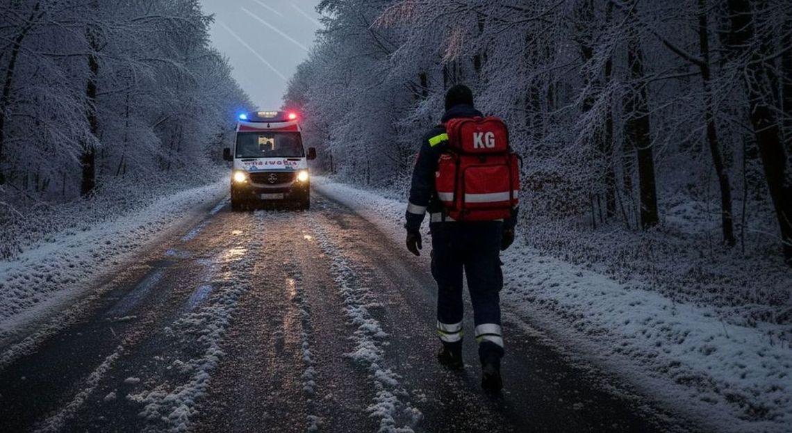 Gołoledź zatrzymała karetkę, ale nie ratownika. Pospieszył ratować życie z 15-kilogramowym plecakiem! Gołoledź zatrzymała karetkę, ale nie ratownika. Pospieszył ratować życie z 15-kilogramowym plecakiem!
