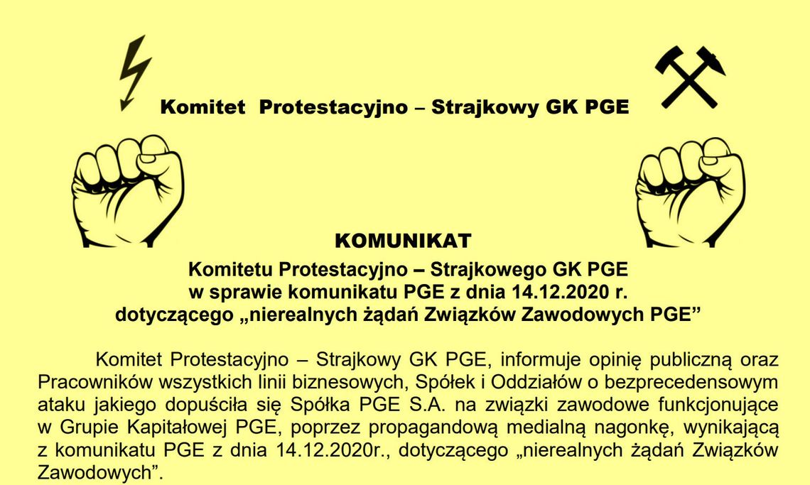 Komitet Protestacyjno – Strajkowy GK PGE. Pod symbolami młotków górniczych i błyskawicy Komitet Protestacyjno – Strajkowy GK PGE. Pod symbolami młotków górniczych i błyskawicy