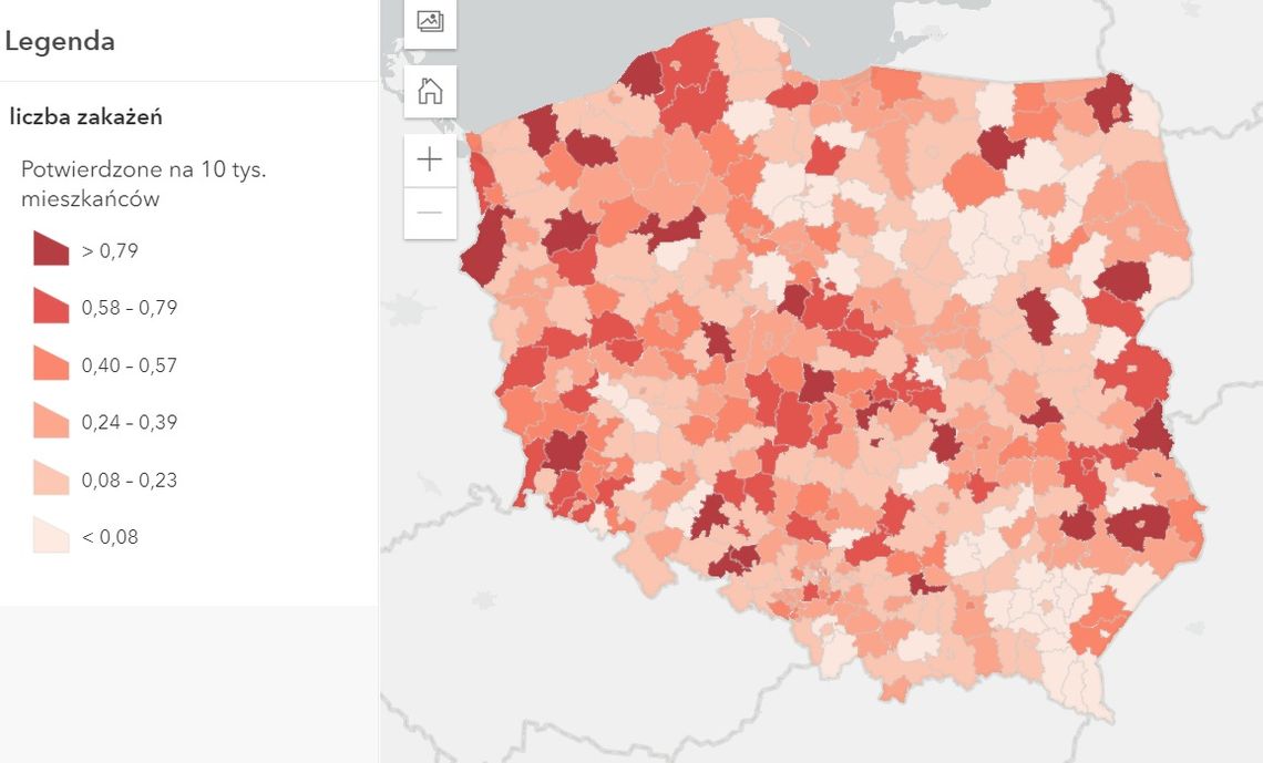 Na mapie zakażeń nasz powiat zaznaczony złowrogim ciemnym kolorem Na mapie zakażeń nasz powiat zaznaczony złowrogim ciemnym kolorem