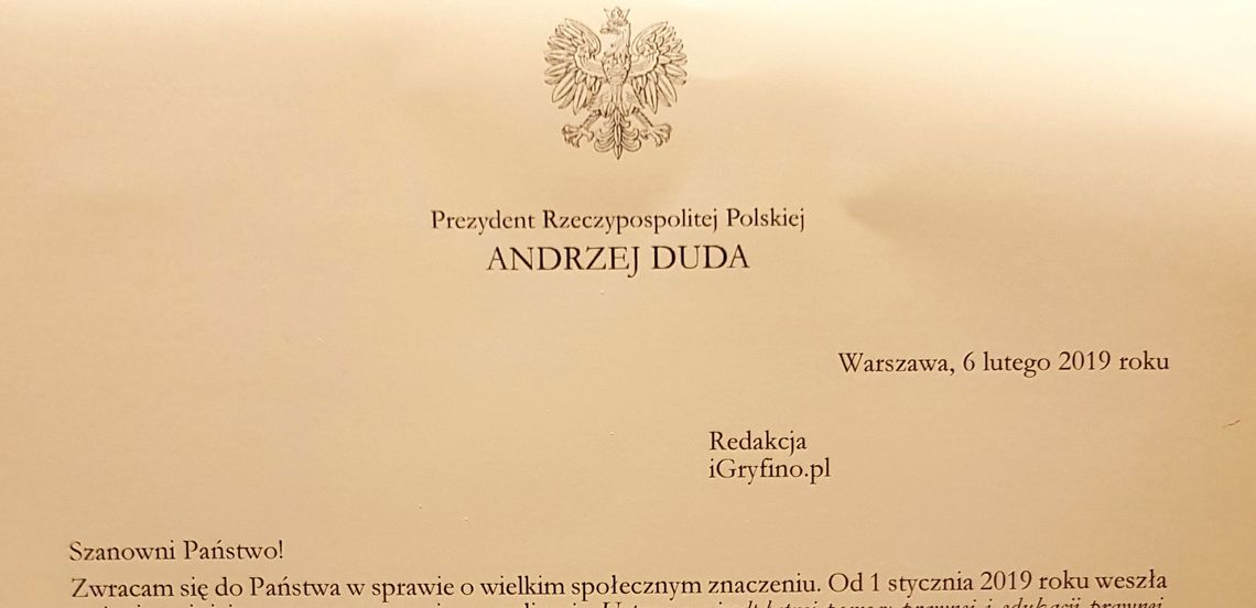 Prezydent Duda napisał list do igryfino