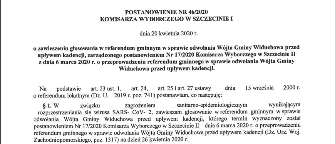 Referendum w sprawie odwołania wójta zawieszone ze względu na epidemię Referendum w sprawie odwołania wójta zawieszone ze względu na epidemię