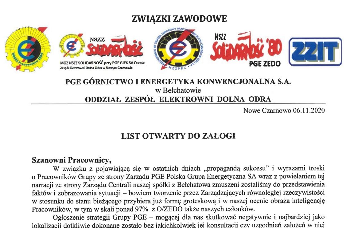 Zarząd uprawia propagandę i wprowadza cenzurę – piszą związkowcy elektrowni do załogi Zarząd uprawia propagandę i wprowadza cenzurę – piszą związkowcy elektrowni do załogi